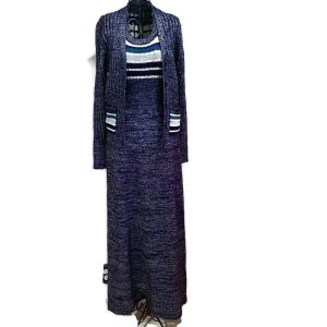 Vintage 60s 70s 2 Piece Metallic Mod Ribbed Knit Maxi Dress Cardigan Set 9/10 - Fashionconservatory.com