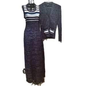 Vintage 60s 70s 2 Piece Metallic Mod Ribbed Knit Maxi Dress Cardigan Set 9/10