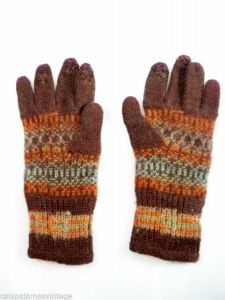 Vintage Hand Knitted Patterned Gloves 1920s-30s Womens Brown Blue Orange  - Fashionconservatory.com
