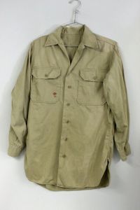 1940s WW2  Khaki Cotton Work Shirt 2 Pocket Vtg Small Distressed 42'' chest