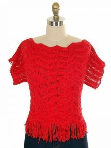 Vintage Sweater Red Open Weave Fringed  Ladies Red Organically Grown 1980s S