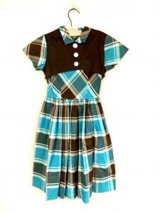 VTG 1950s Big Girls Cotton Dress Sz 10 Aqua Brown Plaid Cinderella Rockabilly 