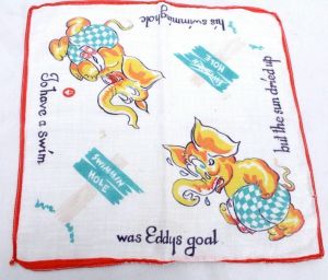 Eddy Elephant VTG1950s Children's Handkerchief Linen Red Orange Swimming Hole