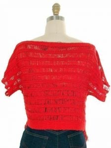 Vintage Sweater Red Open Weave Fringed  Ladies Red Organically Grown 1980s S - Fashionconservatory.com