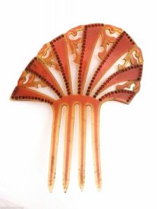 3 Antique 1920s Celluloid Hair Combs MANTILLA Amber with Red Rhinestones Black - Fashionconservatory.com