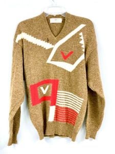 VTG 70s Mens Airways Brand V Logo Pullover Sweater 38 M Brown Red