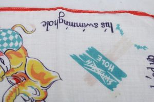 Eddy Elephant VTG1950s Children's Handkerchief Linen Red Orange Swimming Hole - Fashionconservatory.com