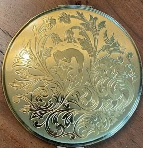 Vtg Zell  Brass Purse Compact  NEVER USED Nude Sprite Fancy Floral  4'' w/box - Fashionconservatory.com