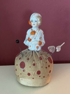 Antique German Porcelain Flapper Dancer Half Doll Pincushion Orange Deco 4.5''