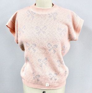 80s VTG Fairy Kei Sweater Pastel Pink Lurex Silver Bows  L Kawaii NWT Picture