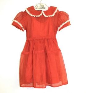 Vintage Girls 50s Sheer Organdy Red Party Dress & slip 6X