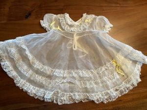 VTG RUFFLES LACE Circle Skirt Sheer Baby Doll Dress 1T White & Yellow 1950s