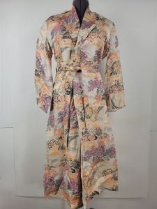 Vintage 1950s Brocade Robe w/ Belt Wrap Dress Asian Trees & Houses