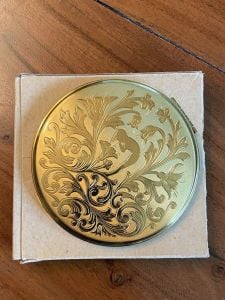 Vtg Zell  Brass Purse Compact  NEVER USED Nude Sprite Fancy Floral  4'' w/box