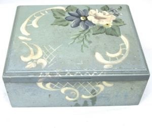 VTG Frances Martin Wooden Tole Painted Jewelry Box Pale Blue 1930s Boudoir 10x8
