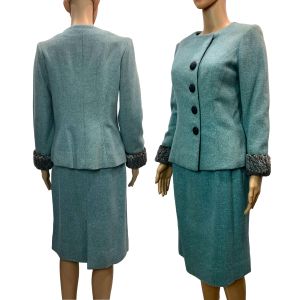 50s Aqua Blue Wool Skirt Suit w Persian Lamb Cuffs | W 26''