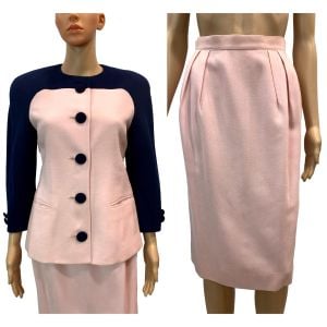 1980s Pale Pink and Navy Color Block Blazer & Skirt Suit - Fashionconservatory.com