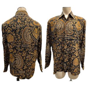 70s 80s Mens Folk Bohemian Art Print Silk Shirt 