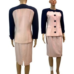 1980s Pale Pink and Navy Color Block Blazer & Skirt Suit