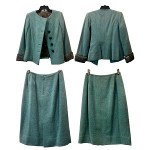 50s Aqua Blue Wool Skirt Suit w Persian Lamb Cuffs | W 26'' - Fashionconservatory.com
