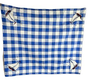 Vintage Blue and White Check Sailboat Luncheon Cloth with 4 Napkins, Novelty Print Tablecloth - Fashionconservatory.com