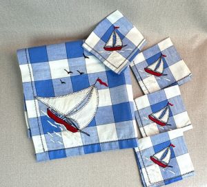 Vintage Blue and White Check Sailboat Luncheon Cloth with 4 Napkins, Novelty Print Tablecloth