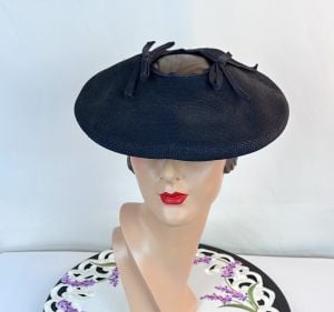 Vintage 40s Navy Blue Open Crown Tilt Circle Brim Hat by Debutante Saks Fifth Avenue