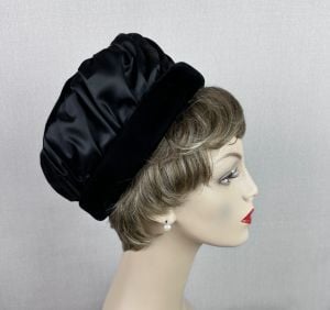 Vintage 1960s Black Velvet and Satin Ruched Pillbox Hat