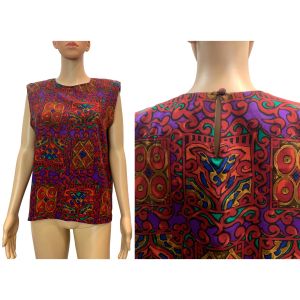 80s Sleeveless Silk Stained Glass Print Blouse  - Fashionconservatory.com