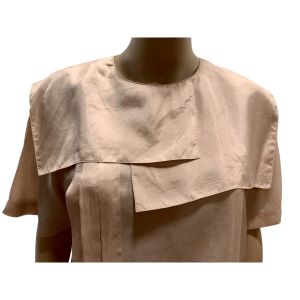 80s Pale Peach Pink Silk Blouse Asymmetrical Cape Collar   - Fashionconservatory.com