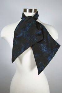 Blue green feathers design 1950s black silk satin ascot scarf