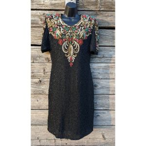 Retro Vintage 1980's Beaded Silk Cocktail Dress by Scala