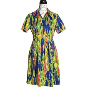 Vintage 70s Print Bazaar Multicolor Print Half Zip Front Dress