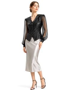 1980s Black Sparkle Paillette Evening Top with Sheer Sleeves