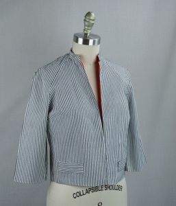 60s Gray and White Seersucker Waist Jacket w/ Elbow Sleeves, Sz 10