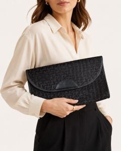 70s Black Pierre Cardin Large Envelope Clutch  Monogram Jacquard & Leather Trim