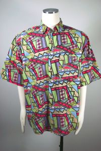 Wild 80s-90s Geometric Print Short Sleeve Cotton Shirt by Saber | L