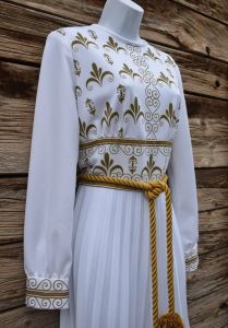 Vintage 1970s Shaheen White and Gold Palazzo Jumpsuit with Gold Tasseled Belt