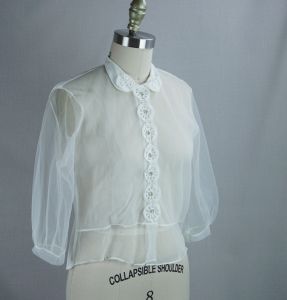 50s Sheer Nylon Suit Blouse w/ Rhinestone Buttons, Sz 38 - Fashionconservatory.com