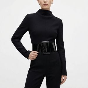 90s Y2K Wide Black Patent Leather Belt | Italy Designer Minimalist Sculptural Statement - Fashionconservatory.com