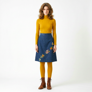 Vintage 1970s Embroidered Denim Skirt Butterflies Floral | XS