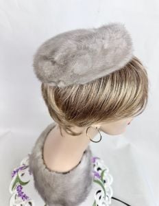 Vintage 60s Silver Mink Pillbox Hat with Matching Collar - Fashionconservatory.com