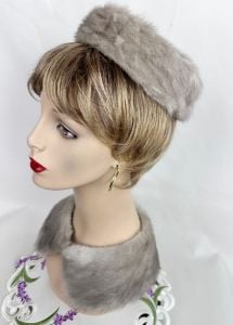 Vintage 60s Silver Mink Pillbox Hat with Matching Collar