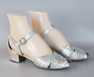 Vintage 1930s Silver Peeptoe Evening Sandals by Middle Towners, Sz 5 1/2