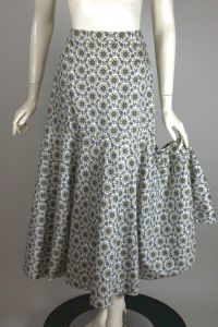 Early 1950s skirt cotton print floral white green | XS-S