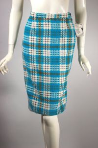 Aqua blue  cream plaid wool 1960s pencil skirt deadstock
