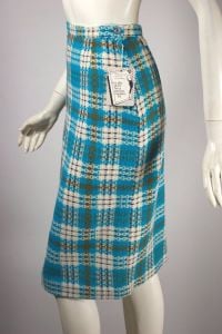 Aqua blue  cream plaid wool 1960s pencil skirt deadstock - Fashionconservatory.com