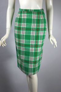 Cream and green wool plaid 1960s pencil skirt deadstock