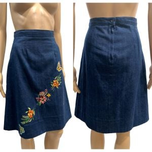 Vintage 1970s Embroidered Denim Skirt Butterflies Floral | XS - Fashionconservatory.com
