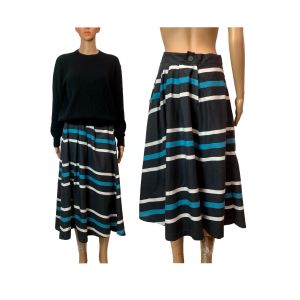 50s Cotton Pleated Striped Full Midi Skirt | W 30''